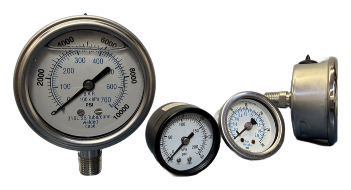 All stainless steel pressure gauges in 1-1/2, 2 and 2-1/2 inch dials, glycerin filled and dry, stocked by A-Best Industrial Inc. Fittings, Valves, and Tubing