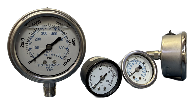 All stainless steel pressure gauges in 1-1/2, 2 and 2-1/2 inch dials, glycerin filled and dry, stocked by A-Best Industrial Inc. Fittings, Valves, and Tubing